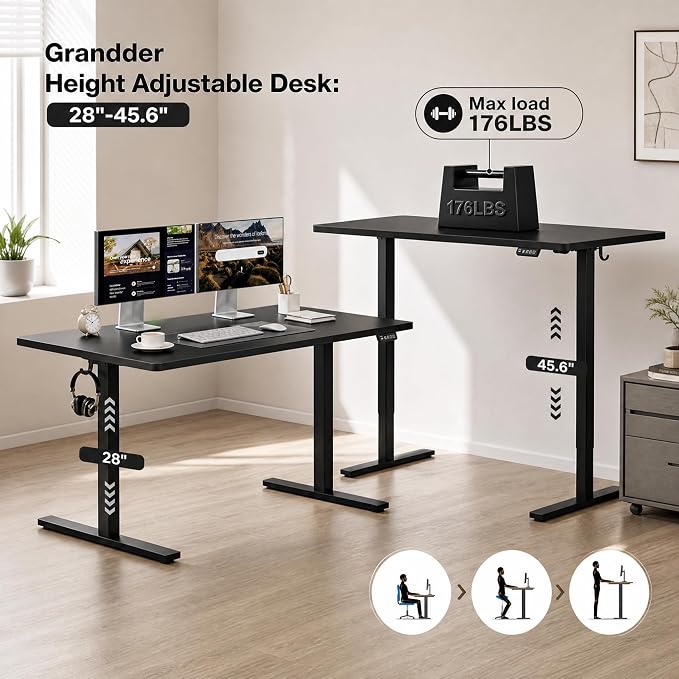 Grandder 47x32 Large Electric Standing Desk, Height Adjustable Computer Desk with 2 Memory Presets, 31.5" Deep Desktop Sit Stand Desk Home Office Desk Workstation Table with Hooks, Black