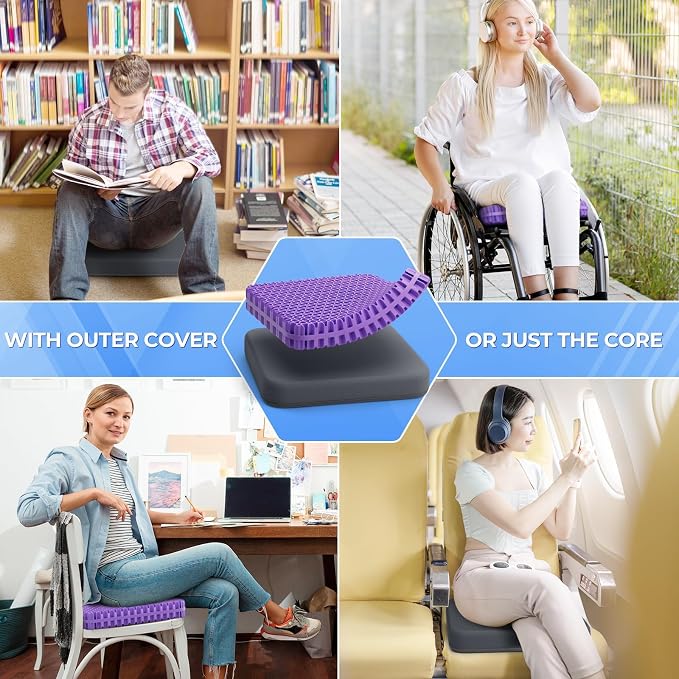 TushGuard Gel Seat Cushion for Long Sitting, Enlarged & Thickened Patent Design, Breathable Cooling for Office Chair, Soft Car Seat Cushion for Wheelchair (2.2" Thick, Grey)