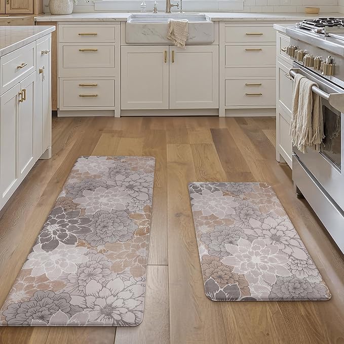 GENIMO Anti Fatigue Kitchen Mats for Floor 2PCS, Cushioned Standing Mats | 20"x32"&20"x48", Taupe Grey vintage floral rug set, waterproof, non slip, easy-clean for farmhouse