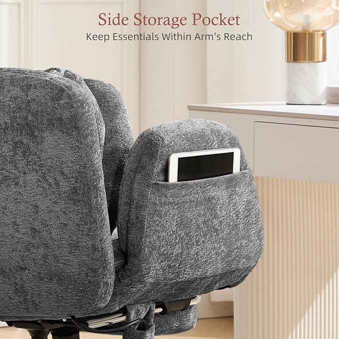 Criss Cross Office Chair with Footrest and 5-Gear Adjustable Arms, Grey | Wide seat cross-legged desk chair, flip lumbar pillow, airbag support, chenille fabric, for home office vanity and meditation
