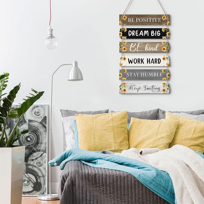 Blulu 6 Pcs Rustic Wall Hanging Plaque Sign Back to School Inspirational Wall Art Farmhouse Wooden Door Signs Positive Plaque with Quotes Motivational Quote Decor for Office Bedroom(Sunflower Style)