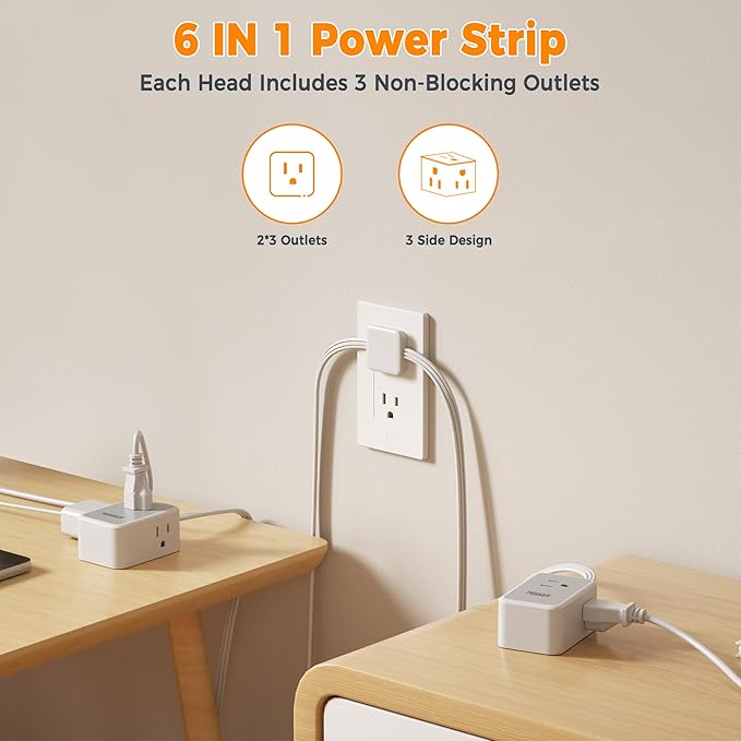 TESSAN Double Ended Flat Plug Power Strip, Twin Extension Cord 12 FT, 3 Non Blocking Outlets 6ft Power Splitter on Each Side, Dual Split Surge Protector Outlet Extension for Home Office Dorm Room