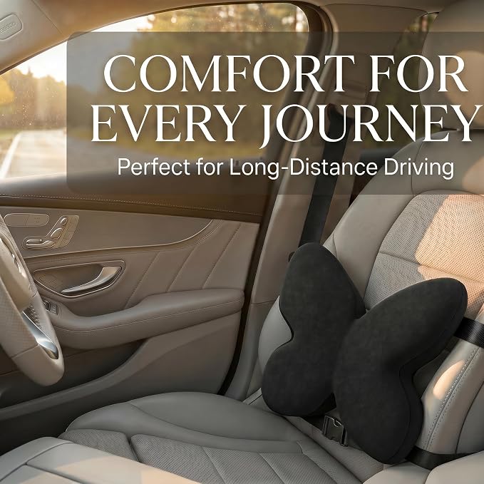 Butterfly Lumbar Support Pillow for Car and Chair, Blak | Memory foam back cushion with butterfly support, washable cover and dual adjustable straps for chairs and car seats