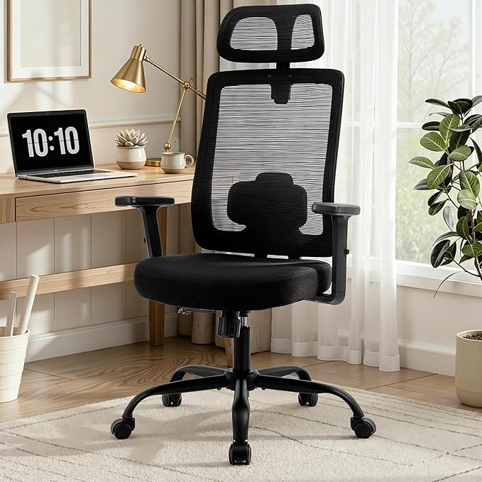 Office Chair with Mesh High Back, Ergonomic Office Desk Chair with Adjustable Lumbar Support, Rolling Work Chairs with Wheels and 3D Headrest, Black