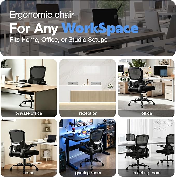 ALLGOD Ergonomic Office Chair, Breathable Mesh Ergonomic Desk Chair with Adjustable Lumbar Support, Flip-up Armrests, Computer Chairs Comfortable for Home, Office, Work, 300lbs, Black (2Pack)