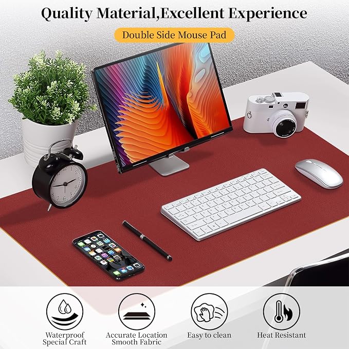 Bloss Red Leather Desk Mat Protector,Large Mouse Pad,Dual-Side Use Mouse Pads,Office Desks Mats,Laptop Protector Desks Mat,Waterproof Dual-Side Desk Keyboard/Writing Pad for Office/Home.31.5"x 15.7"