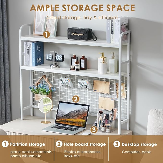 Desk Shelf, 45.3” Desktop Organizer Shelf with Grid Panel and Hooks, Desk Hutch for Computer Monitor, 2 Tier Desk Display Rack Wood Desktop Bookshelf Storage for Home Office Dorm