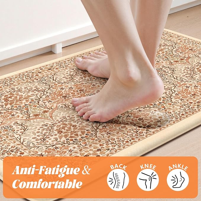 Collive Fall Kitchen Mats Cushioned Anti Fatigue, Vintage Floral Kitchens Rugs Set of 2 Brick Red Non Slip Floor Carpet, Waterproof Sink Mat Foam Comfort Standing Rug for Home Decoration