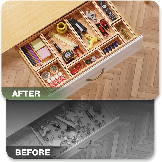 9-Pack Solid Wood Junk Drawer Organizer, Modular Desk Drawer Tray & Accessories with Non-Slip Pad, Multi-Use for Kitchen, Office, Bedroom Dresser, Utensil, Makeup, Stationery, Tea Bags & Coffee Pod