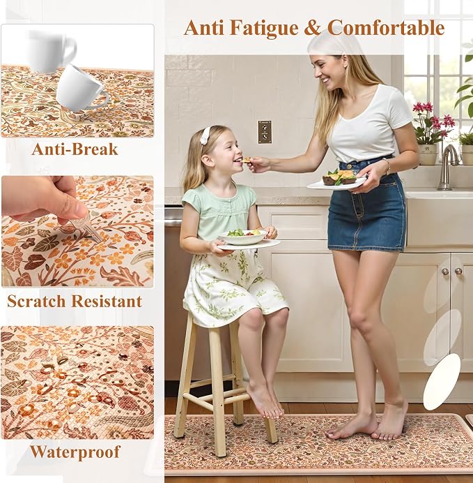 Collive Anti Fatigue Mats for Kitchen Floor, Orange Fall Floral Kitchens Rugs 2 Piece Cushioned Non Slip Carpet, Comfort Standing Mat Waterproof Sink Carpets for or Bedroom, Laundry, Home Decor