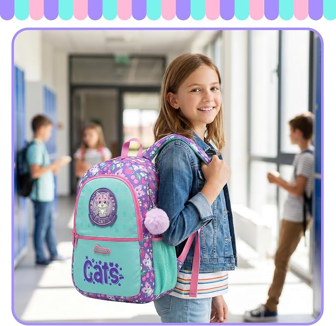Girls School Backpack for Kids Ages 6-8,Backpack for Girls Cute Cat Lightweight Bookbag Perfect Back to School Gift for Kids with Lunch Box Pencil Case