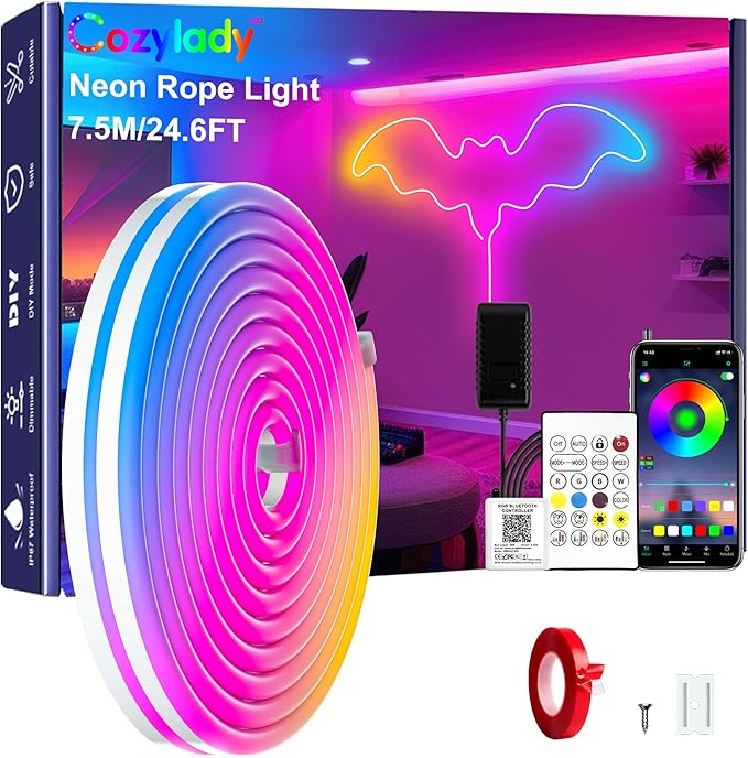 Cozylady RGB Neon Light LED Rope Light,Waterproof Bluetooth APP Remote Control Music Sync Strip Light,24V Flexible DIY Silicone Light for Bedroom Home Indoor Outdoor Decoration