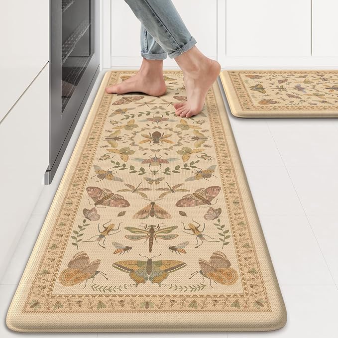 KIMODE Kitchen Mats for Floor 2 Piece Anti Fatigue Cushioned Kitchen Rugs | 17 x29+17"x47", Beige,Vintage Butterfly,Non Slip Waterproof,Memory Foam,Standing Mats,for Laundry Sink Office Home Decor