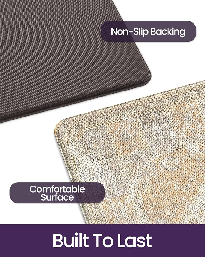 DEXI Kitchen Floor Mats Anti Fatigue, 23x86 Large Long Cushioned Vintage Runner Rug Waterproof, Standing Comfort Memory Foam Padded for Front Sink Laundry Office, Beige and Light Orange