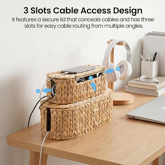Set of 2 Cable Management Box, Handwoven Cord Hider Box with 3 Open Slots | Cable Organizer Box with Lockable Lid, Cord Storage Box to Hide Power Strip, Router, USB Hub, TV Wires for Home, Office