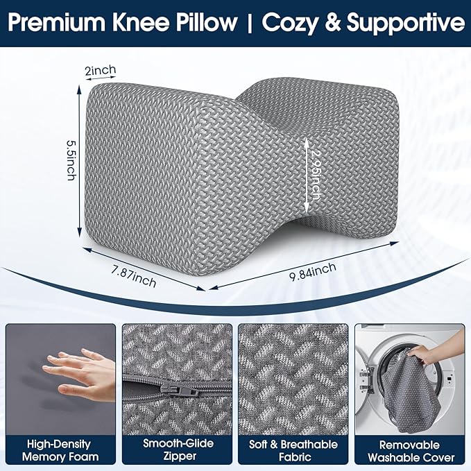 BlissTrends Memory Foam Knee Pillow, Knee Pillow for Side Sleepers, Leg Pillows for Sleeping Blood Circulation, Elevation Pillow for Spine Aligning, Sciatica, Hip, Knee, Ankle Pain, Grey, Medium