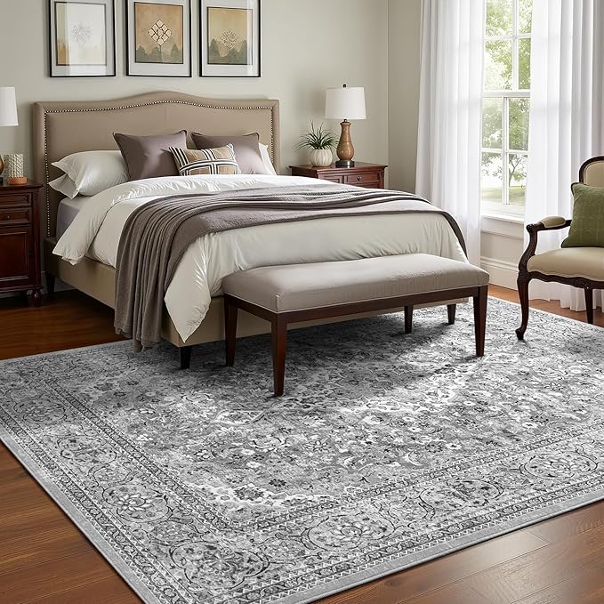 5x7 Grey Washable Boho Area Rug for Bedroom, Vintage Floral Non Slip Living Room Rugs, Soft Low Pile Indoor Mat, Aesthetic Pattern Carpet for Kitchen and Dining Room