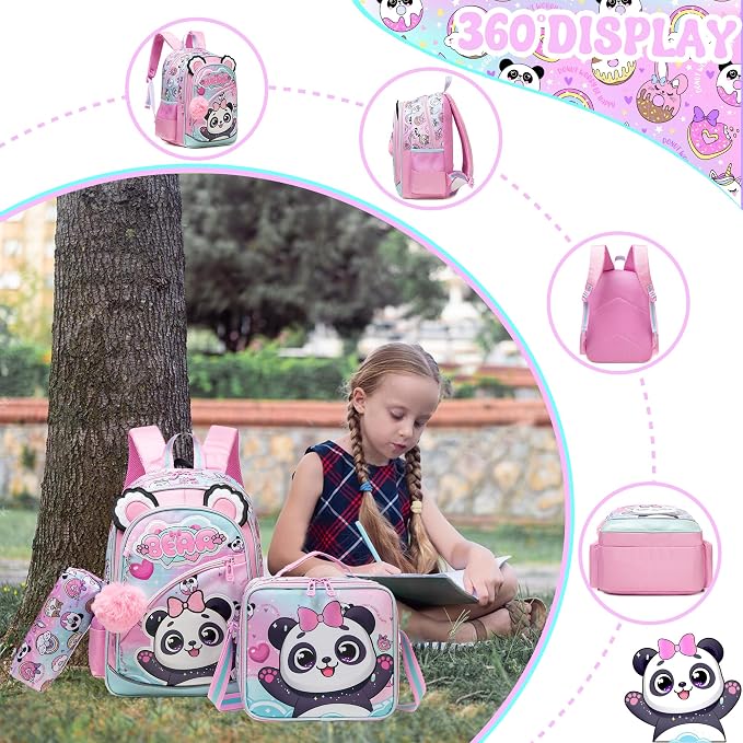 Meetbelify Backpack for Girls Cute Panda School Bag with Lunch Box for Elementary Student Kids Bookbag for Girls 8-10