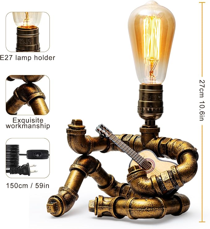 Music Guitar Table Lamp,Steampunk Table Lamp,Retro Guitars Steampunk lamp,Cool Industrial Metal Tube Robot Lamp Gifts for Music Lovers