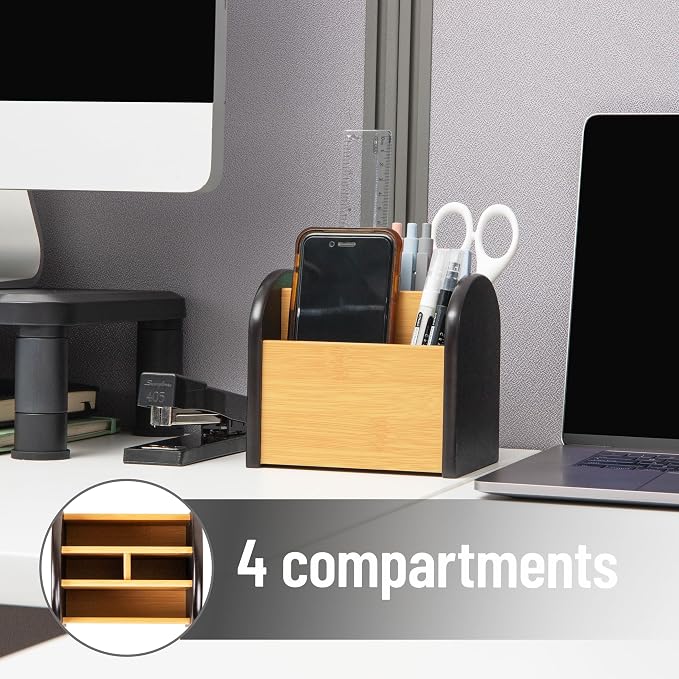 Mind Reader Desktop Organizer with 3 Compartments, Natural Wood and Matte Finish Sides, Compact Desk Storage, Wood, Black