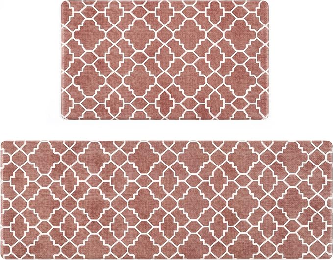 FRESHMINT Kitchen Mat Set of 2, Anti-Fatigue Cushioned Kitchen Mats for Floor, Waterproof Non Slip Comfort Standing Mat, Boho Kitchen Rug for Kitchen Decor, Sink, Office, 17"x30"+17"x47", Terracotta