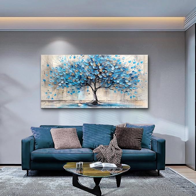 Lapremoly Textured Abstract Wall Pictures Artwork Wall Decor For Living Room Framed Canvas Wall Art For Bedroom Office Decor Blue Tree Paintings Panoramic Landscape Prints Home Decor Ready to Hang