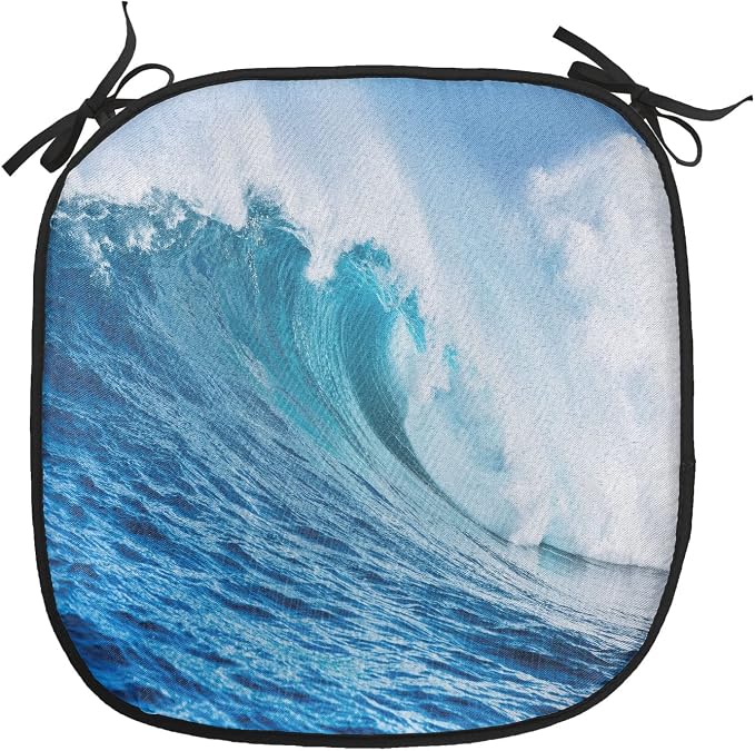 Lunarable Ocean Chair Cushion Pads Set 12, Sea Storm with a Swirling Wave Surfing Themed Sky and Water Picture Print, Anti-Slip Seat Padding for Kitchen & Patio, 16"x16", White Blue and Aqua