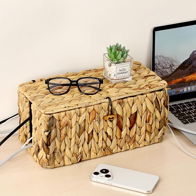 BTSKY Woven Cable Management Box with Lid Water Hyacinth Cord Organizer, L | Cable Organizer Box with 2-Open Slots to Hide Power Strips USB Hubs for Desk, Home & Office, Pet Proofing Cord Basket