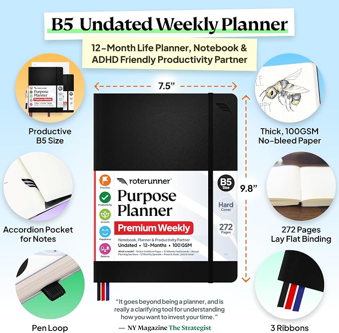 Roterunner Purpose Planner Notebook B5 7.5”x9.8” 12 Month Undated 2026 Daily Weekly and Monthly Productivity Goal Setting Tool for Work Home ADHD Planner for Adults Self Care Journa (Black)