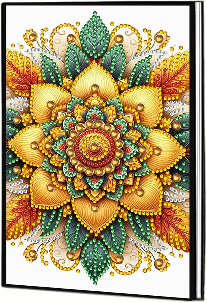FRANDEK Diamond Art Painting Notebook Kit, Yellow Mandala A5 DIY Journal with 50 Blank Pages, Crystal Rhinestone Cover with Waterproof Canvas, Beginner Craft Set with Full Tools for Adults