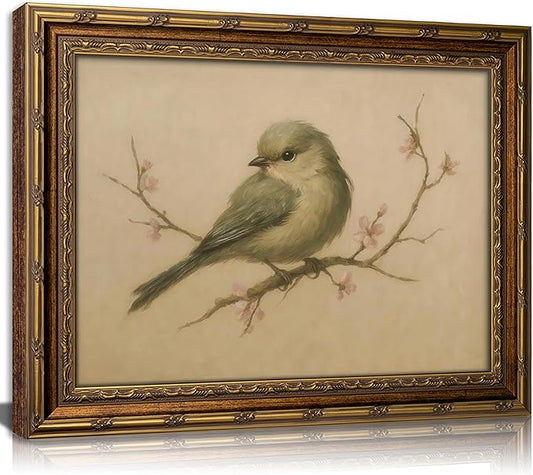 Vintage Gold Framed Wall Art Spring Bird Oil Painting Canvas Print Watercolor Cherry Blossom Picture Wall Decor Rustic Farmhouse Beige Floral Poster Artwork for Nursery Living Room Bedroom