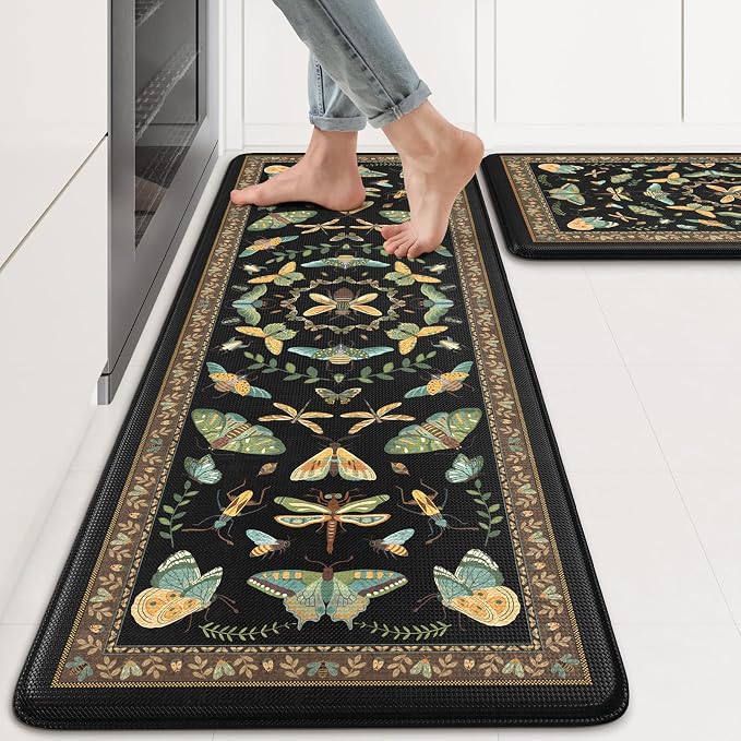 KIMODE Kitchen Mats for Floor 2 Piece Cushioned Anti Fatigue Kitchen Rugs | 17 x29+17"x47", Black,Vintage Butterfly,Non Slip Waterproof,Memory Foam,Standing Mats,for Laundry Sink Office Home Decor