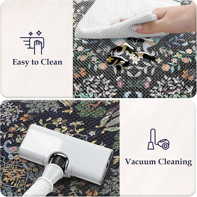 KIMODE Anti Fatigue Kitchen Mats for Floor 17"x47"+17"x29", Dark Blue Vibrant Floral Kitchen Rugs, Non Slip Waterproof Kitchen Floor Mats, Comfort Standing Mats for Laundry Office Sink Desk