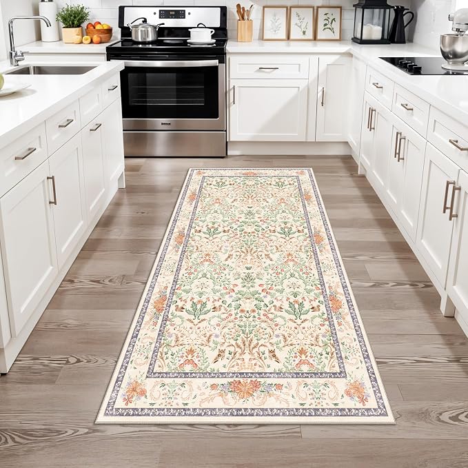 Botanical Beige 3x5 Area Rug - Non-Slip Washable Soft Low-Pile Small Area Rugs for Kitchen Bedroom Entryway Kid Room – Vintage Florals Door mat Indoor (Cream, 3x5)