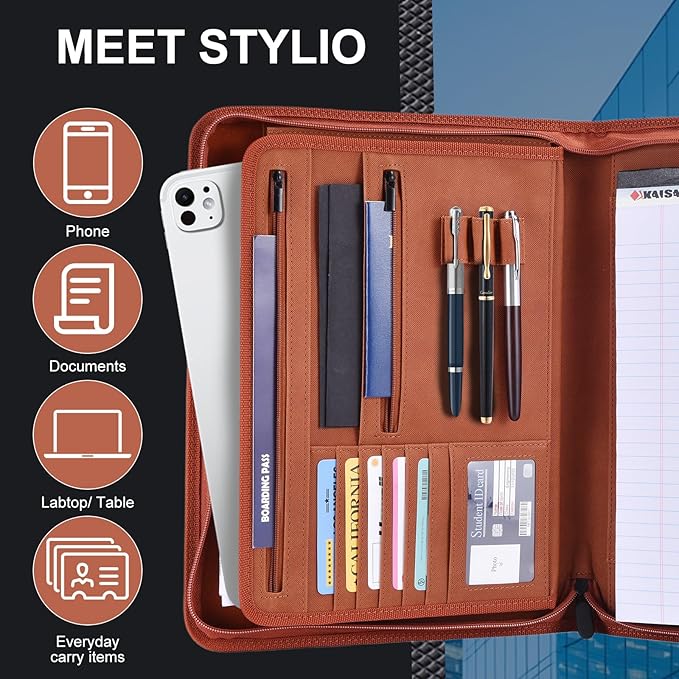 Premium Vegan Leather Portfolio Organizer Business Folder - Zippered Padfolio with Zipper Closure Pad Holder Compatible with Legal Pads 8.5 x 11 Inch for Women & Men (Brown)