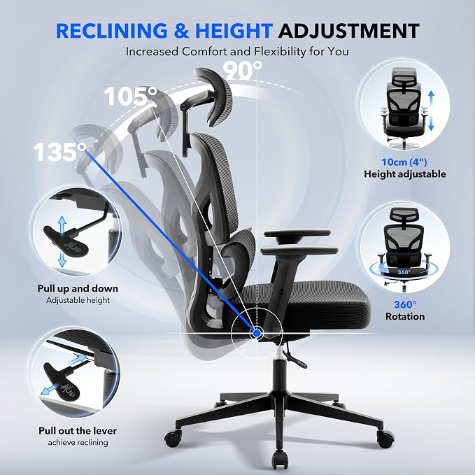Office Chair Ergonomic Desk Chair - Home Mesh Office Desk Chair with Adjustable Lumbar Support, High-Back Computer Gaming Chair with Headrest 3D Armrests, Rolling Swivel Task Chairs for Home, Office