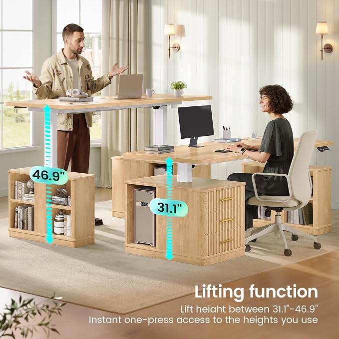 SEDETA Modern Fluted Electric Standing Desk, 63" Height Adjustable Computer Desk with 3 Drawers, Storage Shelves, Power Outlets, Wood Home Office Stand up Desk for Work, Study, Writing, Oak