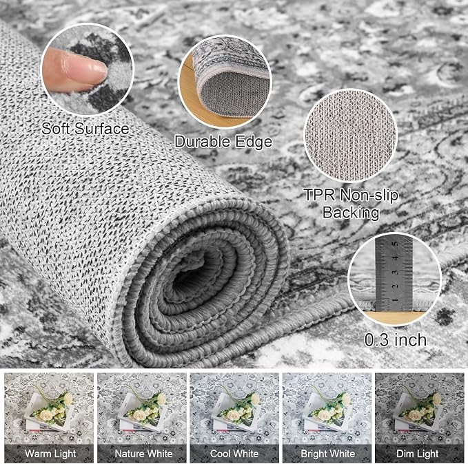 4x6 Grey Washable Boho Area Rug for Bedroom, Vintage Floral Non Slip Living Room Rugs, Soft Low Pile Indoor Mat, Aesthetic Pattern Carpet for Kitchen, Dining Room and Bedside