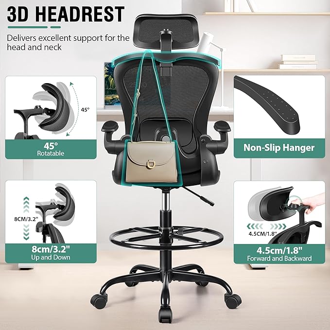 AtHope Drafting Chair, Tall Office Chair with 3D Lumbar & Head Support | Ergonomic Mesh Standing Desk Chair with Footrest Ring, Comfy Extended High Desk Chair with Flip-Up Arms & Hanger, Black