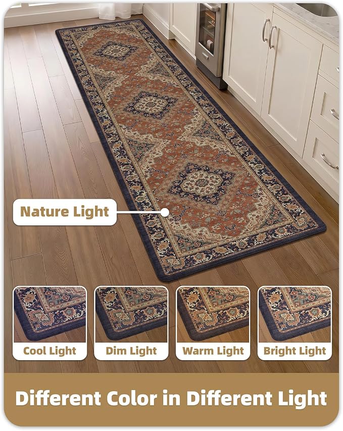 Color&Geometry Kitchen Floor Mat 24x87 Vintage Anti Fatigue, Warm Coral | 0.4in Cushion Standing Mat For Cooking/Working/Laundry, Boho Decor, Non Slip PVC Kitchen Rug, Oil/Water Proof, Anti Slip