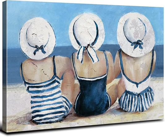 Beach Girls Wall Art Coastal Room Wall Decor Vintage Ocean Landscape Picture Nautical Bathroom Canvas Prints 16x24”, Seascape Poster Retro Swimsuit Girl Painting Artwork Modern Bedroom Decoration