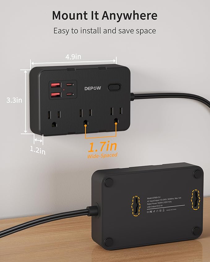 DEPOW 2 Prong to 3 Prong Adapter Power Strip, 5FT Black Extension Cord with 6 Outlets & 4 USB Ports (2 USB-C), 1050J Two Prong Surge Protector, Wall Mount - Ideal for Old Houses