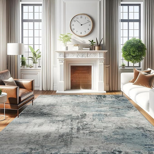 RUUGME Washable Abstract 8X10 Rug: Living Room Area Rugs Non-Slip Backing Neutral Stain Resistant Carpet for Bedroom Farmhouse Large Soft Indoor mats for Dining Room Office Entry 8X10 Blue
