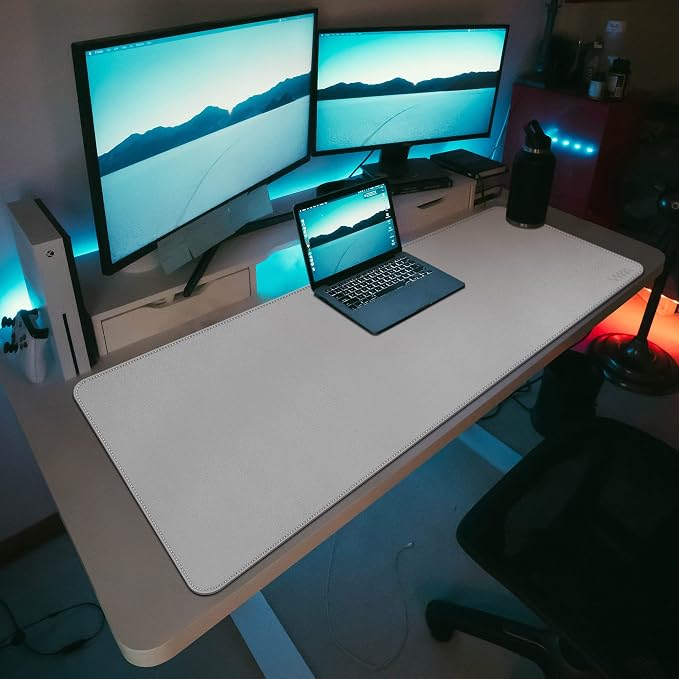 Vyaaa 55"x24"PU Leather Desk Mat, Large Desk Pad & Mouse Pad, Waterproof Office Desk Mat for Home Office, Gaming, Writing,Computer Desk Protector (Light Gray)