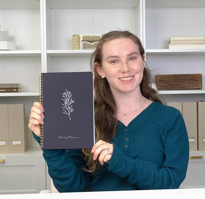 BLU MONACO | Grey Hourly Daily Planner 80 Days Undated | Daily Planner 2025-2026 Hourly Schedule | Spiral Botanical Business Work Organizer Notebook with Notes Section