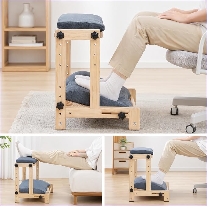 Double Step Foot Rest for Under Desk, Adjustable Wooden Foot Stool with 4 Heights – Ergonomic Desk Foot Rest with Soft Short Flannel Cushion for Office, Home, Gaming & Study – Natural Pine Wood