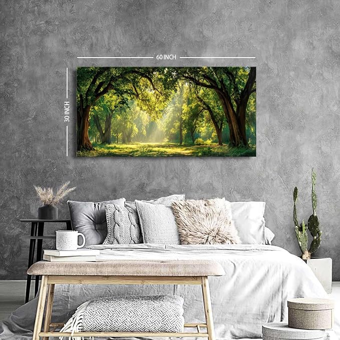 AIYISU Green Forest Wall Art Panoramic Woodland Landscape Canvas Pictures Nature Wall Decor Sunrise Sunlight Trees Scenery Poster Living Room Bedroom Office Hallway Cabin Lodge Home Decoration 30x60