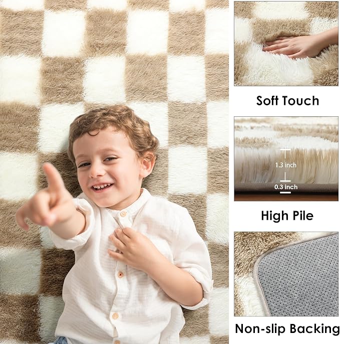 KICMOR 3x5 Rugs for Bedroom Bedside, Soft Fluffy Checkered Shag Area Rug Small Living Room Carpet, Beige and Cream White Fuzzy Shaggy Throw Rug for Kids Boys Girls Dorm Nursery Home Decor Aesthetic