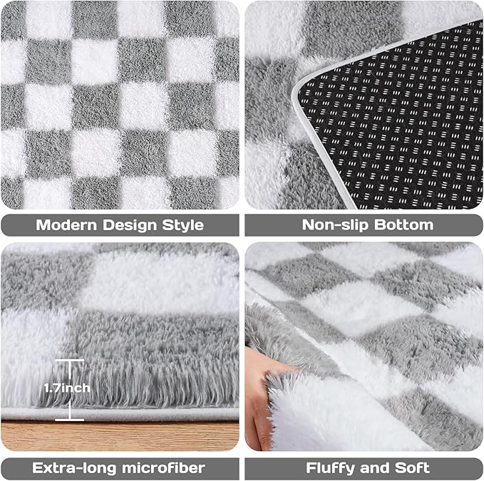 Area Rugs for Living Room Bedroom 9x12, Ultra Fluffy Shag Checkered Rug Modern Washable Carpet Soft Shaggy Non Slip Indoor Plush Fuzzy Rugs for Bedroom Dorm Office Home Aesthetic Decor, White & Grey