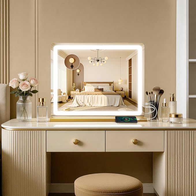 ROLOVE 23"x18" Gold Vanity Mirror with Lights, Large Lighted Makeup Mirror with 10X Magnifier, 3 Color Lighting & Stepless Dimming, Wall Mounted or Tabletop Desk Mirror for Bedroom